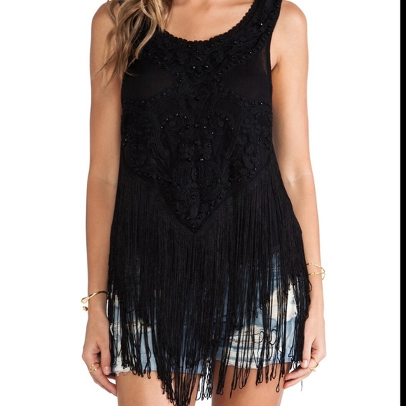 Free People Tops - Rare Free People - Black Fringe Embroidered Festival Top - Sz L